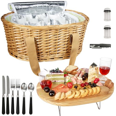 natural wicker insulated oval picnic basket with mini table