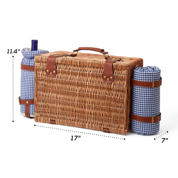 natural wicker insulated picnic basket closed with wine pouch