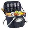 open blue insulated picknic basket with service for four people