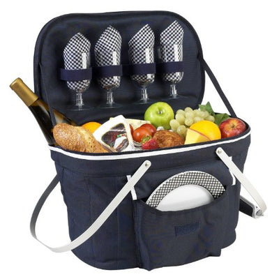 open blue insulated picknic basket with service for four people