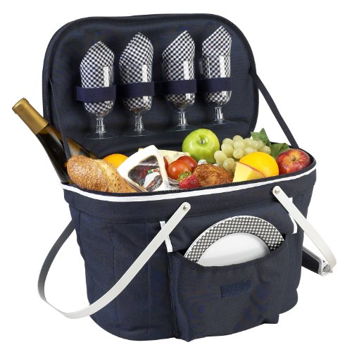 open blue insulated picknic basket with service for four people