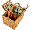 open looking angle wicker picnic basket with wine bottles
