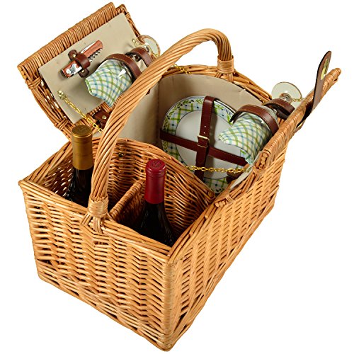 open looking angle wicker picnic basket with wine bottles
