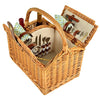 open looking down wicker picnic basket with wine bottles