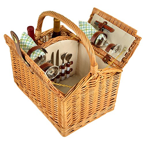 open looking down wicker picnic basket with wine bottles