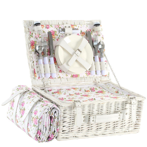 open set of 4 white and pink picnic basket 