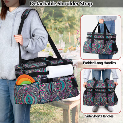 outside closed teal and red picnic basketon shoulder