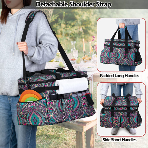 outside closed teal and red picnic basket  on shoulder