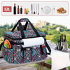 outside closed teal and red picnic basket with towel holder