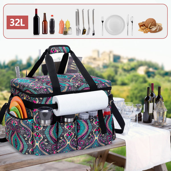outside closed teal and red picnic basket with towel holder