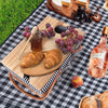 picknic basket on blue and white mat with food