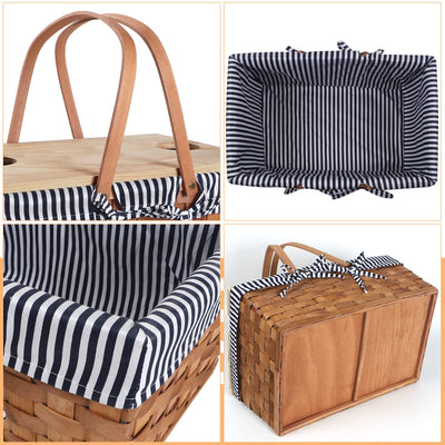 picknic basket two hadles and wood top open 3 views