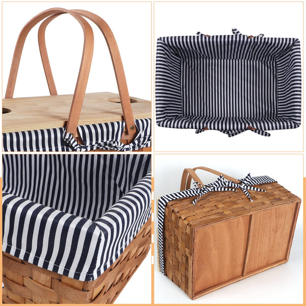 picknic basket two hadles and wood top open 3 views