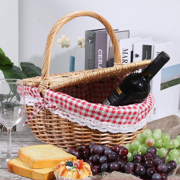 picnic basket natural wicker oval open with wine bottle