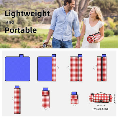 portable rolled up red and white checkered picnic blanket