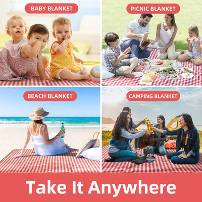 red and white checkered picnic blanket with 4 views of people