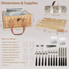 tan wicker picnic basket with wood mini table and utensils for 4 people