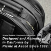 up close view of a black backpack picnic basket zipper
