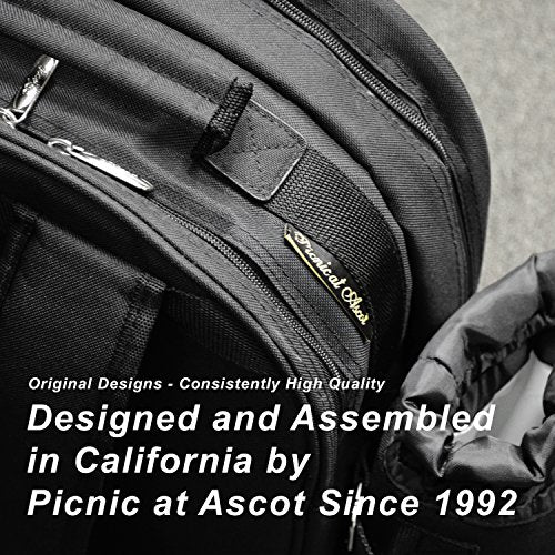 up close view of a black backpack picnic basket zipper
