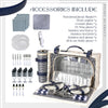 white Wicker Picnic Basket showing plates and utensils with blue inside
