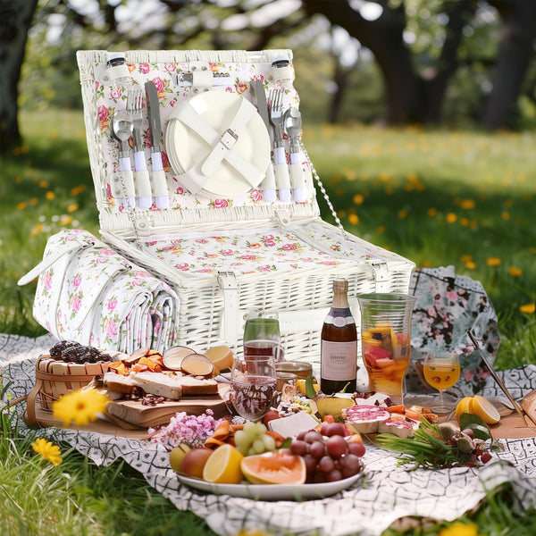 white outside of wicker picnic basket open with food