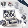 white wicker picknic basket for two people open top blue handle