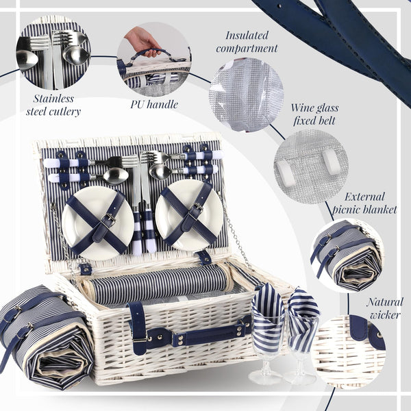white wicker picknic basket for two people open top blue handle