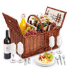 wicker Picnic Basket open with utensils and wine