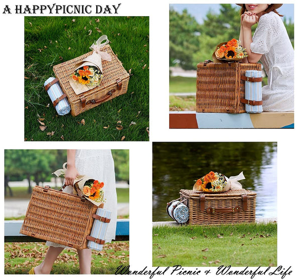 woman carrying a brown wicker picnic basket 4 views